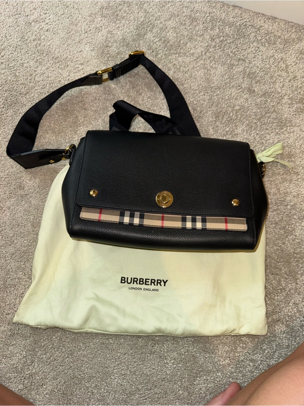 Burberry Black Leather Crossbody Bag with Vintage Check Accent